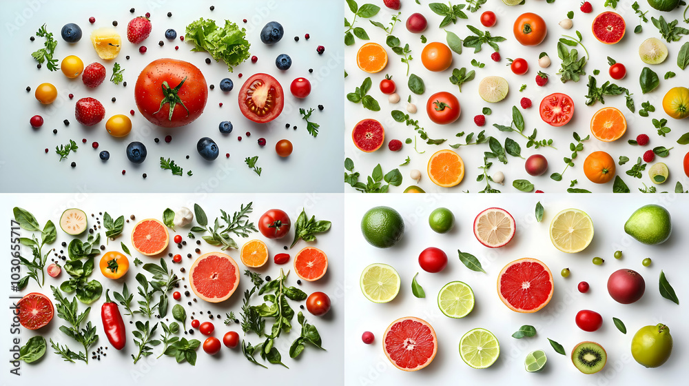 Fresh fruits and vegetables flat lay composition on white background. Fresh fruits and vegetables flat lay composition on white background.