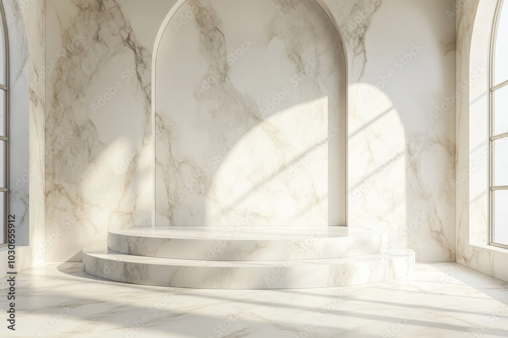 Minimalist style empty podium with marble pattern. Natural sunlight creates a bright atmosphere. Suitable for displaying beauty products. Minimalist style empty podium with marble pattern. Natural sunlight creates a bright atmosphere. Suitable for displaying beauty products.