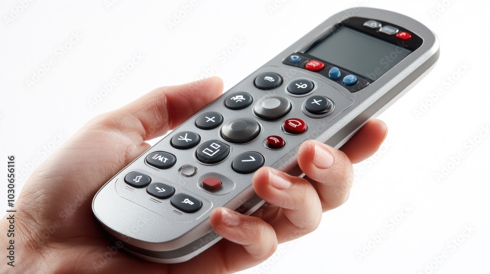Close up of remote control for television and air conditioner held by a person on transparent white background Close up of remote control for television and air conditioner held by a person on transparent white background
