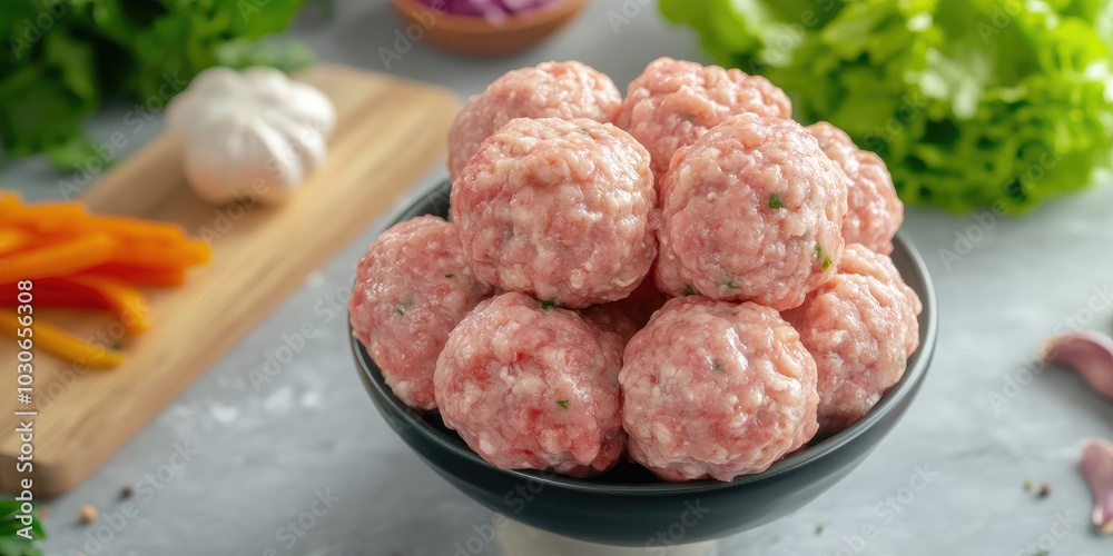 Raw meatballs in a bowl with chopped greens, pepper, and garlic on a gray surface. Raw meatballs in a bowl with chopped greens, pepper, and garlic on a gray surface.