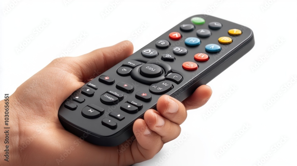 Close up of remote control for television and air conditioner held by a person on transparent white background Close up of remote control for television and air conditioner held by a person on transparent white background