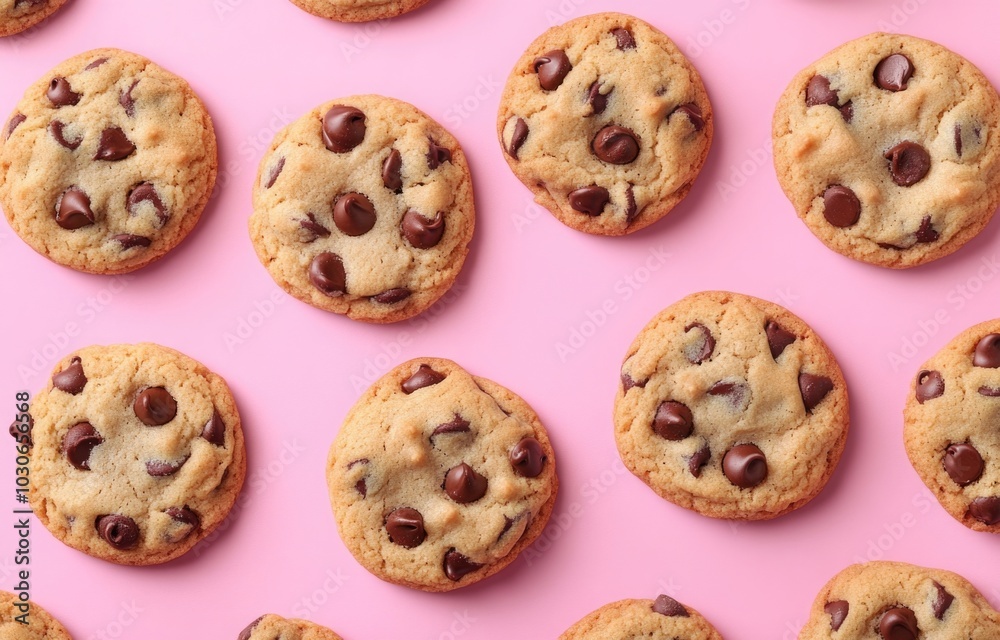 Chocolate chip cookies on a pink background. Chocolate chip cookies on a pink background.