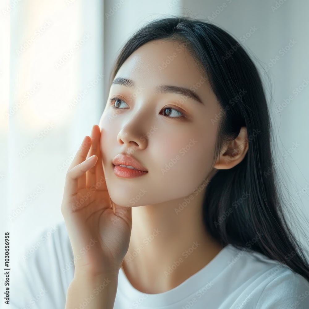 A young woman gazing thoughtfully, showcasing a serene and contemplative expression. A young woman gazing thoughtfully, showcasing a serene and contemplative expression.