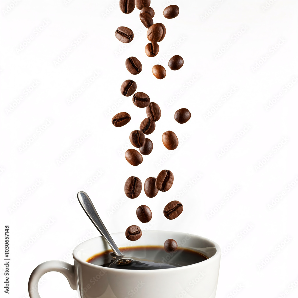 Obraz premium coffee beans falling into cup of coffee with spoon isolated on white background