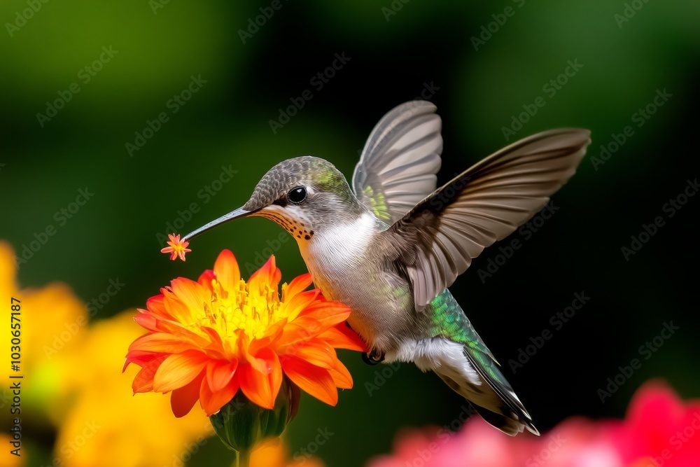 Young hummingbird sipping nectar from a bright flower Young hummingbird sipping nectar from a bright flower