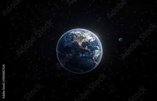 The Earth from space with stars and the moon in the black background.