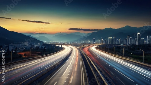 Highway traffic with motion blur effect against the mountains and the night city