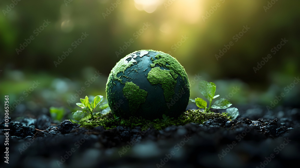 A miniature Earth covered in greenery symbolizes environmental awareness. A miniature Earth covered in greenery symbolizes environmental awareness.