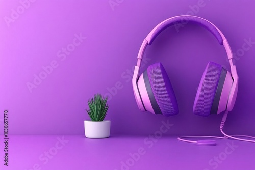 Purple Headphones and Plant on Purple Background