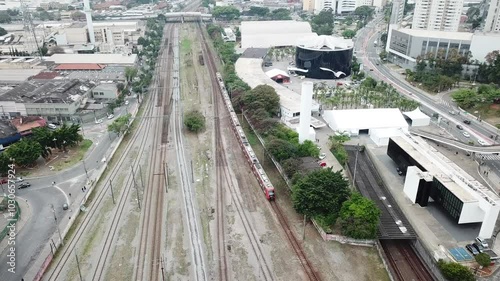 Aerial view of railway lines crossing the urban landscape of Barra Funda, São Paulo