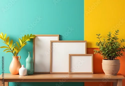 Mock up poster frame on cabinet in interior/green wall.3d rendering