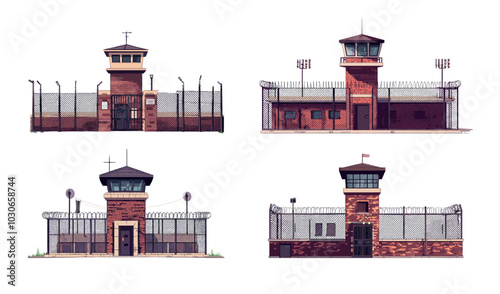 Prison cartoon vector concepts. Watchtower red brick walls jails metal barbed fence wire gate grating isolated guarded security camp, penitentiary prisoners buildings illustrations