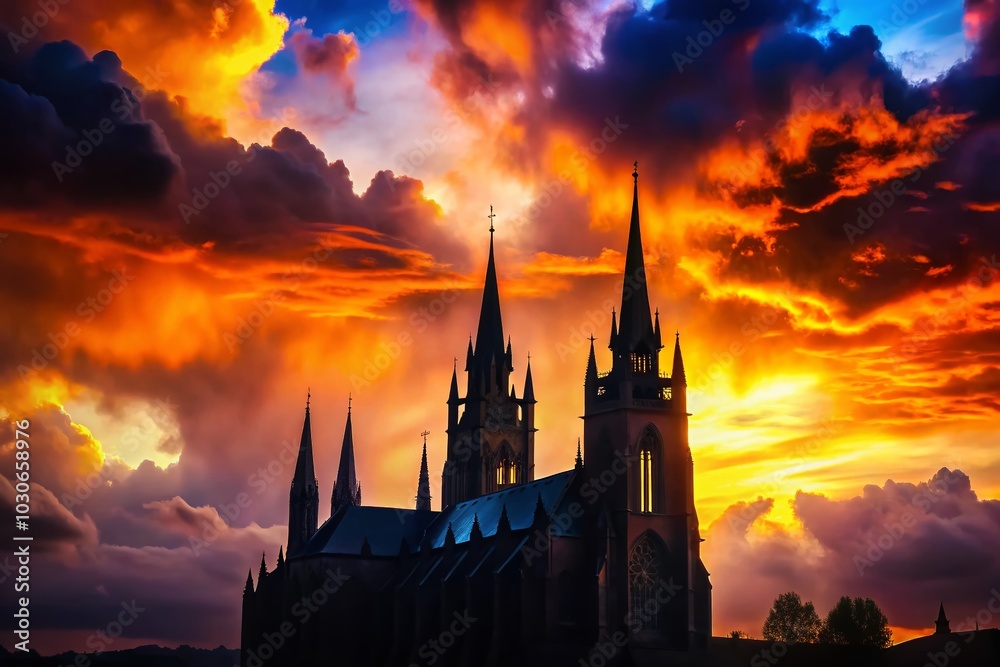 Fototapeta premium Gothic Cathedral Silhouette Against Dark Sky - Stunning Architectural Photography