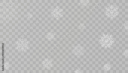 Tiny flying snow flakes illustration. Snowstorm dust freeze shapes. Snowfall sky white transparent wallpaper. Flat snowflakes january vector. Snow hurricane landscape.
