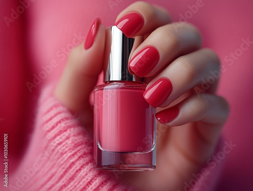 hand with short nails without coating holding 30ml red nail polish bottle in a soft pastel color
