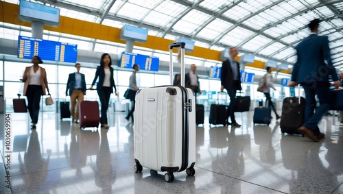 Travel, The suitcases in a airport hall, traveler cases in the departure airport terminal waiting for the area, vacation concept. Ai Generative.