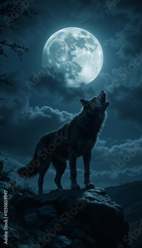 Lone Wolf Howling Majestically Against Dramatic Full Moon Landscape