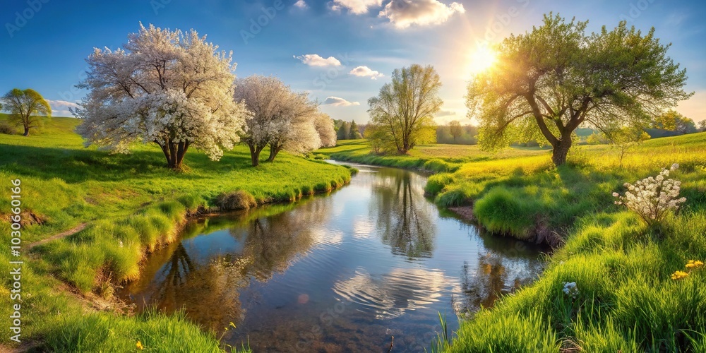 Idyllic spring landscape with a meandering creek Depth of Field Idyllic spring landscape with a meandering creek Depth of Field