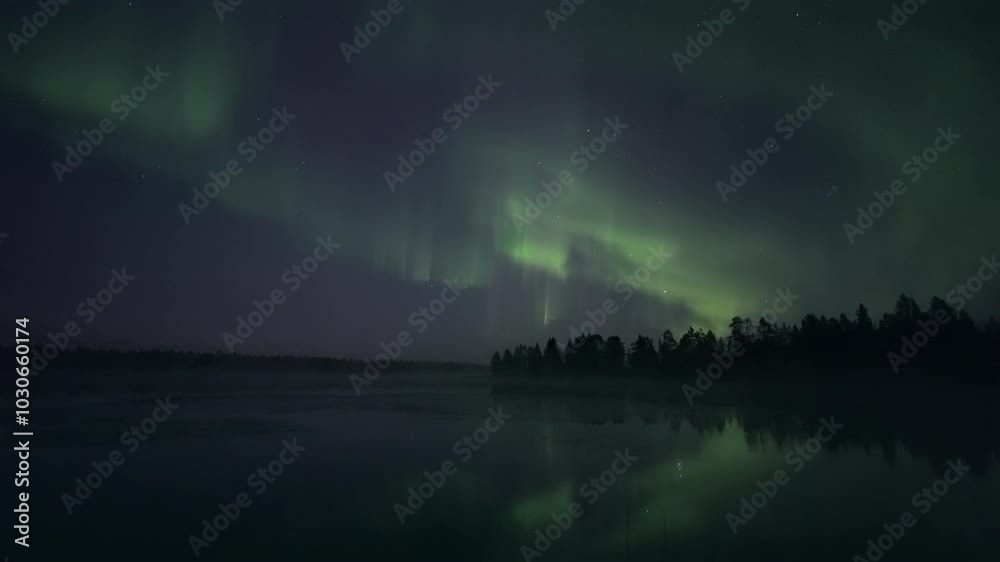 Real-time aurora, reflections from a still lake Real-time aurora, reflections from a still lake