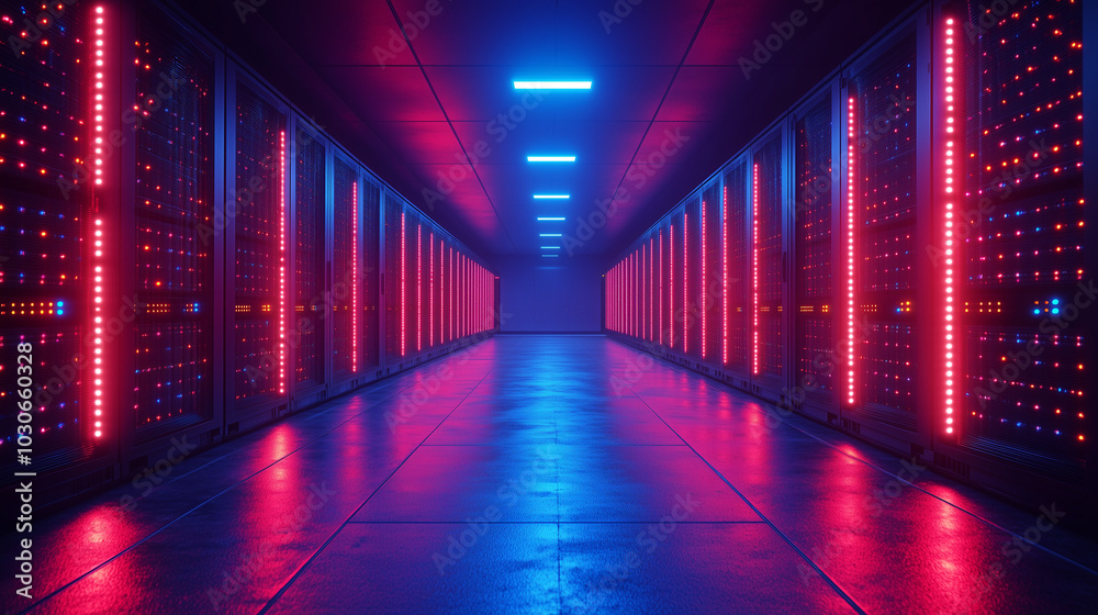 Fototapeta premium Empty modern server room / data center with computers running