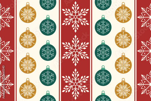 Christmas seamless pattern. Snowflakes,  Christmas ball and ornaments background design for decoration on Christmas card, banner, wrapping, wallpaper, textile, fashion.