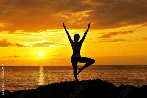 Yoga Silhouette at Sunset Over Ocean