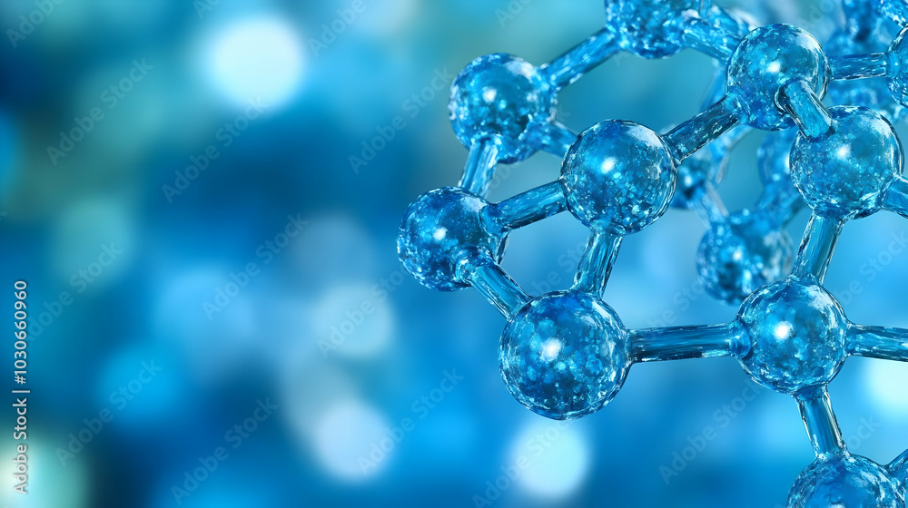 Close-up of a molecular structure with a blue bokeh background.