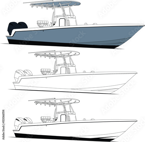 Side view fishing boat vector line art illustration t-shirt and printable on various materials.	