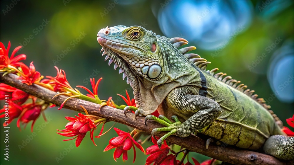 Iguana resting on a tree limb curiously looking at red flowers to eat reflected in water Iguana resting on a tree limb curiously looking at red flowers to eat reflected in water