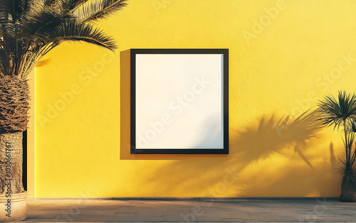 Black and White Advertising Mockup with Sunlight on Yellow Wall