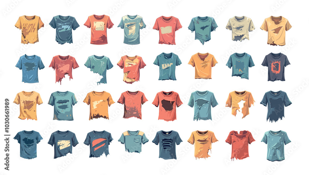 Ragged dirty unclean shirts cartoon vector set. Torn tops grime holes stained shredded filthy tshirt crumpled ripped dirt old clothes, messy casual textile soiled garments isolated artworks on white