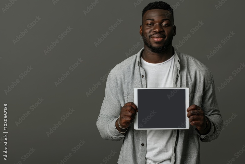 Ui mockup afro-american man in his 30s holding a tablet with an entirely grey screen Ui mockup afro-american man in his 30s holding a tablet with an entirely grey screen
