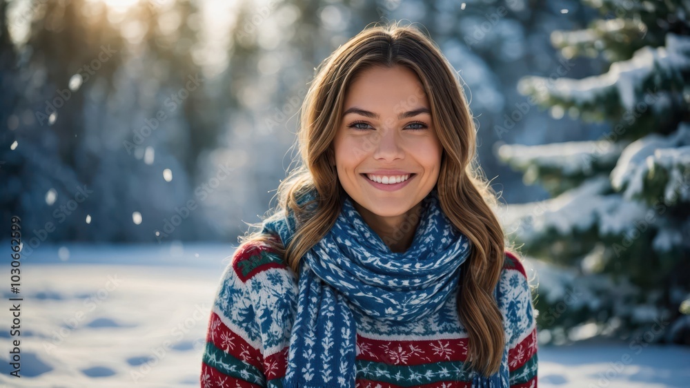 A girl in a Christmas sweater on the background of a snowy forest A girl in a Christmas sweater on the background of a snowy forest