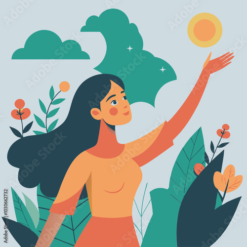 Illustrated woman reaching for the sun surrounded by nature