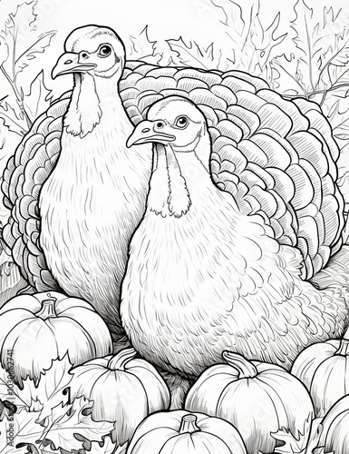 Beautiful Turkey Coloring Page, Thanksgiving Colouring Design for Your Corporate Books and Business Graphic Resource or Creative Project, Ai Generative photo