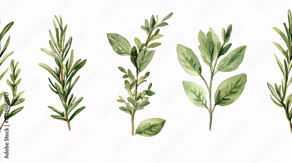 Seamless Pattern Fresh Green Herbs Watercolor Illustration