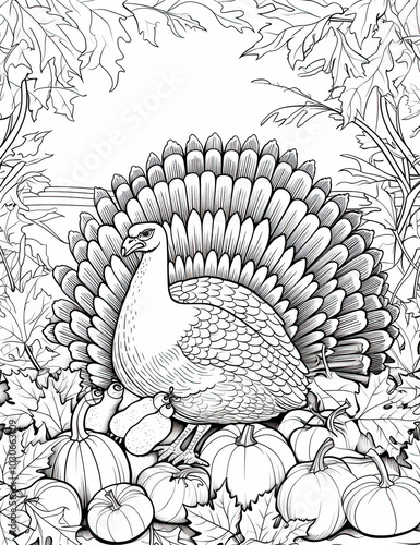 Beautiful Turkey Coloring Page, Thanksgiving Colouring Design for Your Corporate Books and Business Graphic Resource or Creative Project, Ai Generative photo