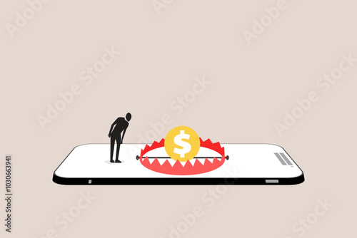 Businessman look i money pitfall or mouse trap with big money dollar sign bait. concept of Financial money trap, risk in investment, ponzi scheme or business pitfall