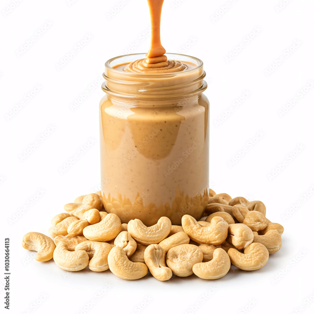 cashew butter pouring into jar with cashew nuts cashew butter pouring into jar with cashew nuts