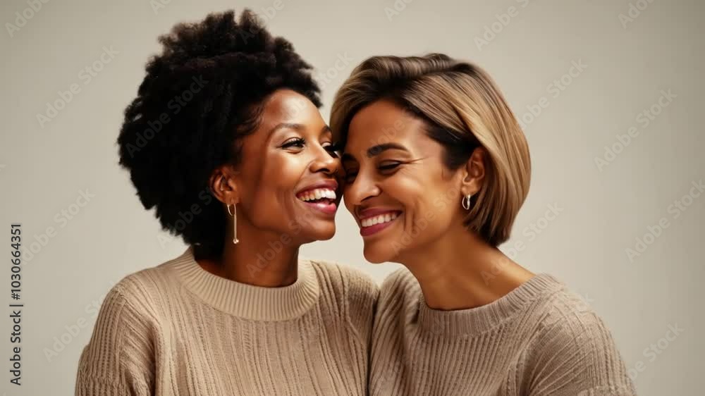 Close-up of two women of different ethnicities smiling, expressing joy and friendship