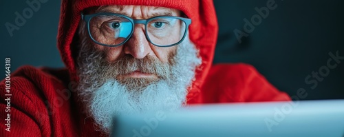 Elderly man in red sweater using laptop