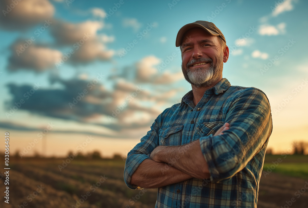 a middle-aged farmer standing in his field with arms crossed a middle-aged farmer standing in his field with arms crossed