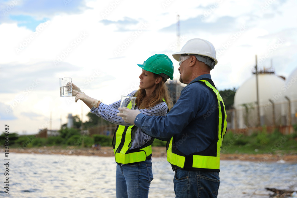 A senior couple of environmental engineers are hard at work outdoors, analyzing and collecting wastewater samples in an industrial area. A senior couple of environmental engineers are hard at work outdoors, analyzing and collecting wastewater samples in an industrial area.