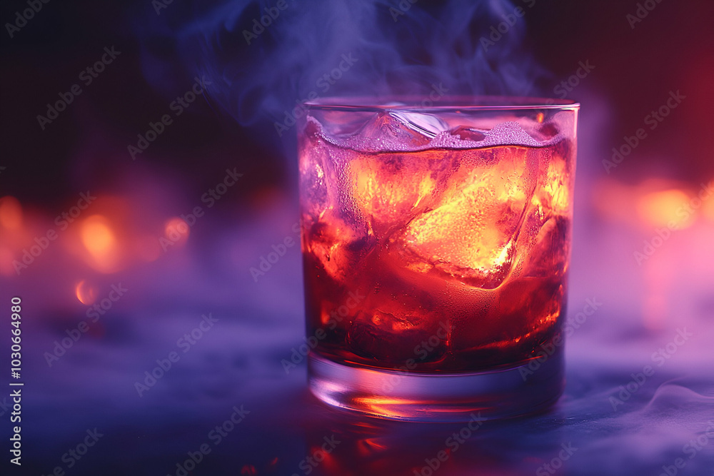 A colorful cocktail in a glass filled with ice, illuminated by vibrant lights and surrounded by smoky mist, creating a visually striking atmosphere. A colorful cocktail in a glass filled with ice, illuminated by vibrant lights and surrounded by smoky mist, creating a visually striking atmosphere.