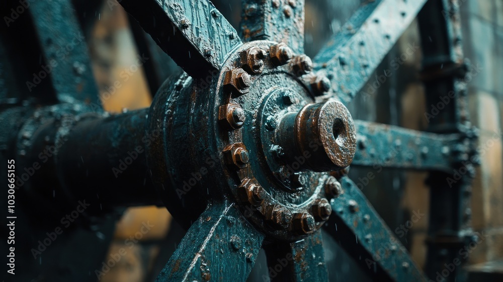 Close-up of a weathered metal wheel with rivets and bolts, showing signs of wear and rust. Close-up of a weathered metal wheel with rivets and bolts, showing signs of wear and rust.