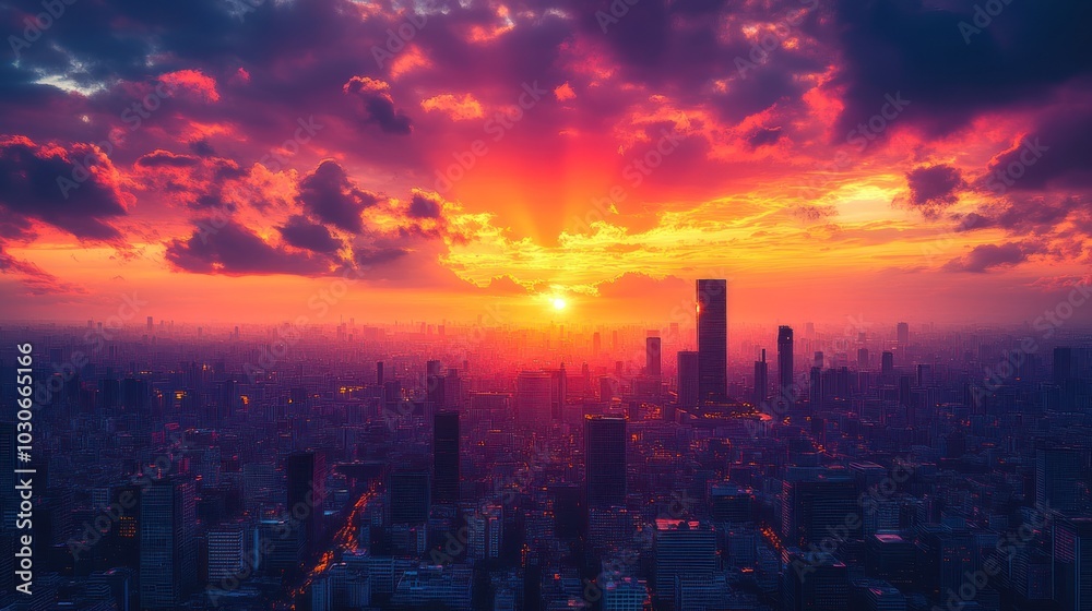 Fototapeta premium Stunning sunset over a city skyline with vibrant colors.