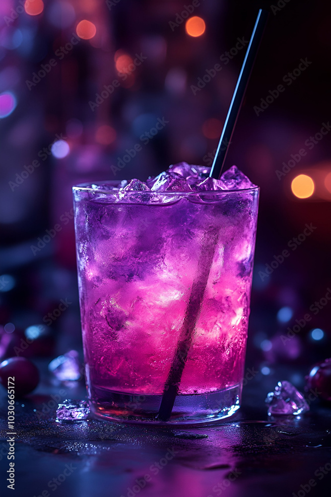 A vibrant purple cocktail served in a glass with ice, garnished and illuminated with colorful lighting, perfect for nightlife or parties.