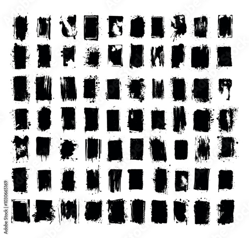 Rectangles spray frames black ink vector set. Splatter splash borders stencil paint graffiti trafarets shapes, monochrome street art grunge stamps, isolated on white background