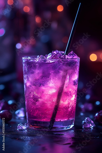 Obraz na płótnie A vibrant purple cocktail served in a glass with ice, garnished and illuminated with colorful lighting, perfect for nightlife or parties. w salonie