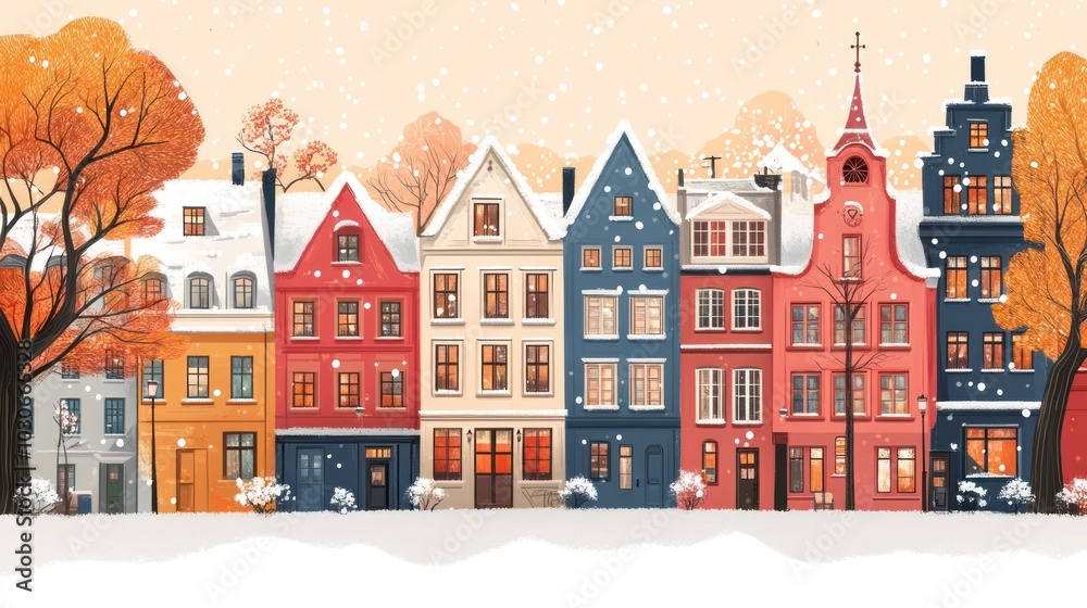 A snowy winter street lined with colorful houses. A snowy winter street lined with colorful houses.